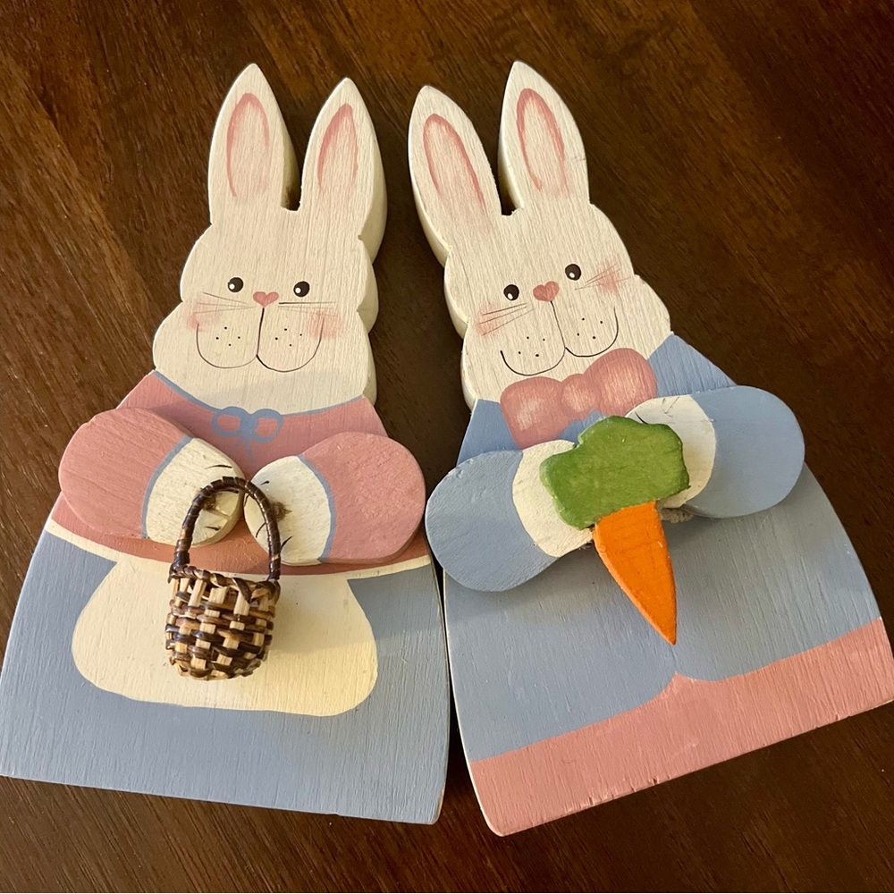 Small, Vintage, Wooden Bunny Accent Decor with Basket and Carrot